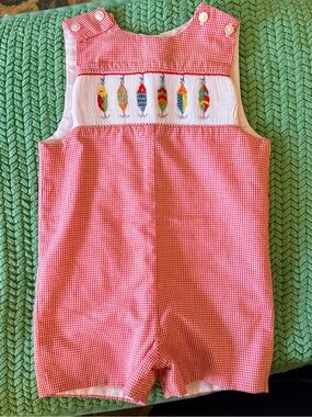 Adorable Smocked Fishing lures on red check shortall. sz 18 mo